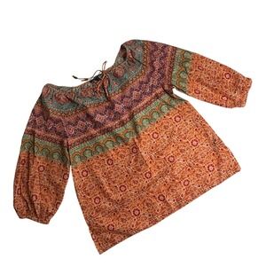 Lauren Ralph Lauren Orange Boho Peasant Top L Beaded Multi Blouse LRL